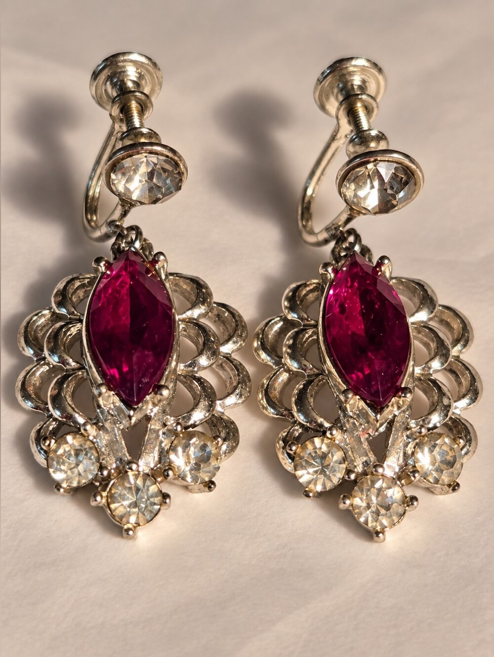 Vintage Rhinestone Drop Earrings Silver Tone Magenta Statement Clip-On